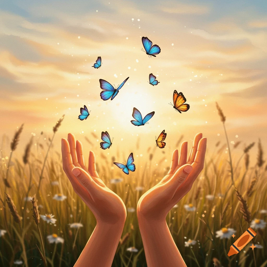 Hands cupped upward in a golden field at sunset, releasing a swarm of blue and orange butterflies, in a vibrant illustration.
