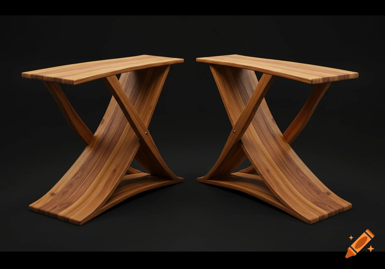 Two varnished cedar wood racks with curved, crisscrossed designs stand on a dark, minimalist background with subtle lighting.