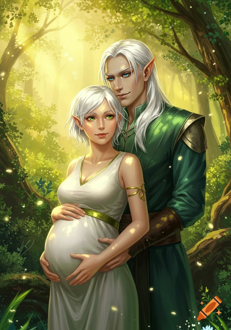 A pregnant elf woman with white hair and green eyes stands with an elf man, his hand on her belly, in a sunny forest. Digital art.