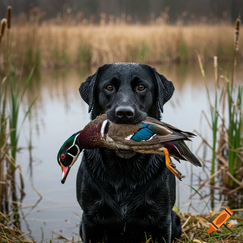 A black Labrador retriever sits in shallow water and grass, holding a colorful wood duck in its mouth, with reeds and water in the blurred background.