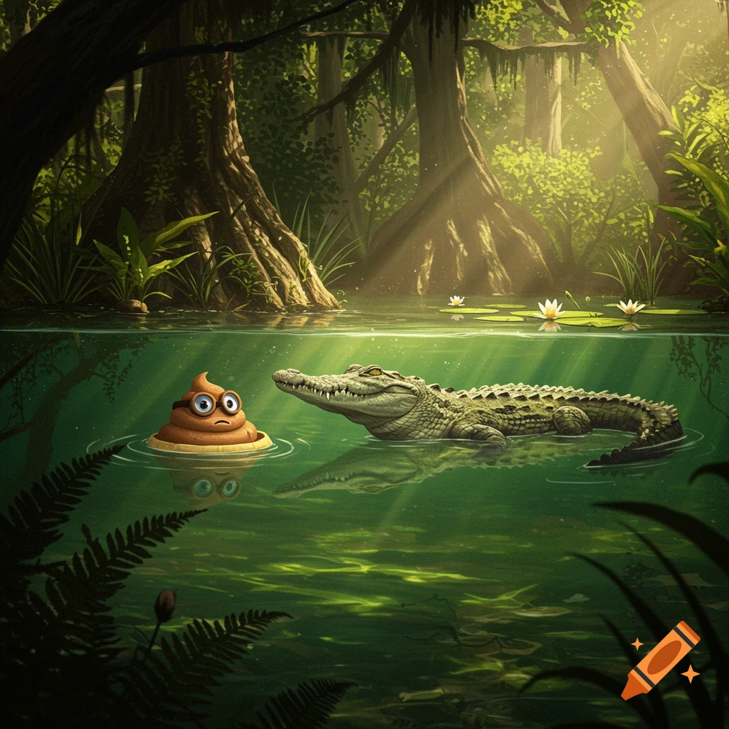 A cartoon poop emoji with glasses floats in a swamp next to a swimming crocodile in a lush, sunlit jungle illustration.