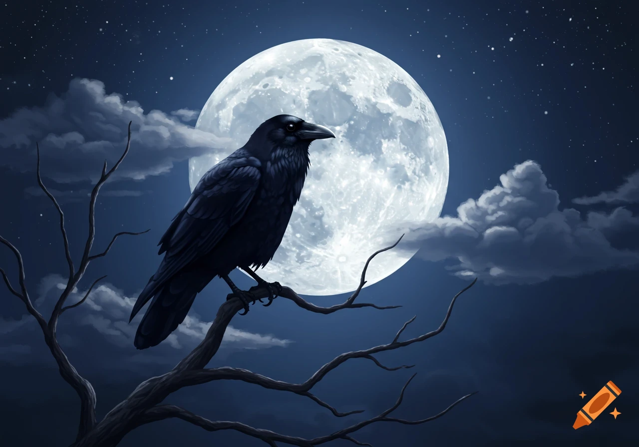 A black raven perched on a bare tree branch against a large full moon and starry night sky.