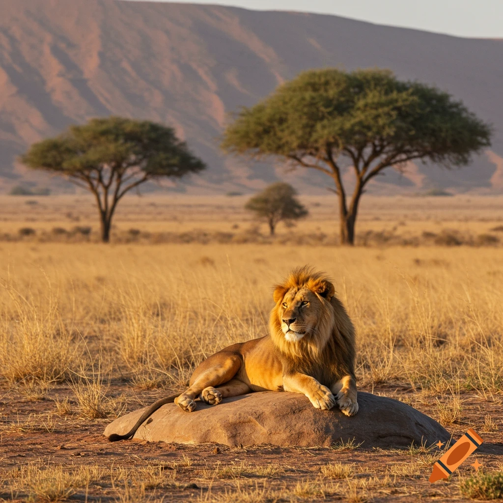 A male lion with a full mane rests on a rock in a golden savanna with acacia trees and mountains in the background, bathed in warm light.