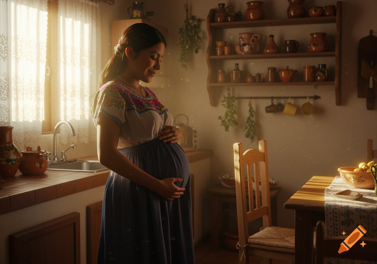 A pregnant woman gently cradles her baby bump in a warmly lit kitchen with traditional decor. Photorealistic.