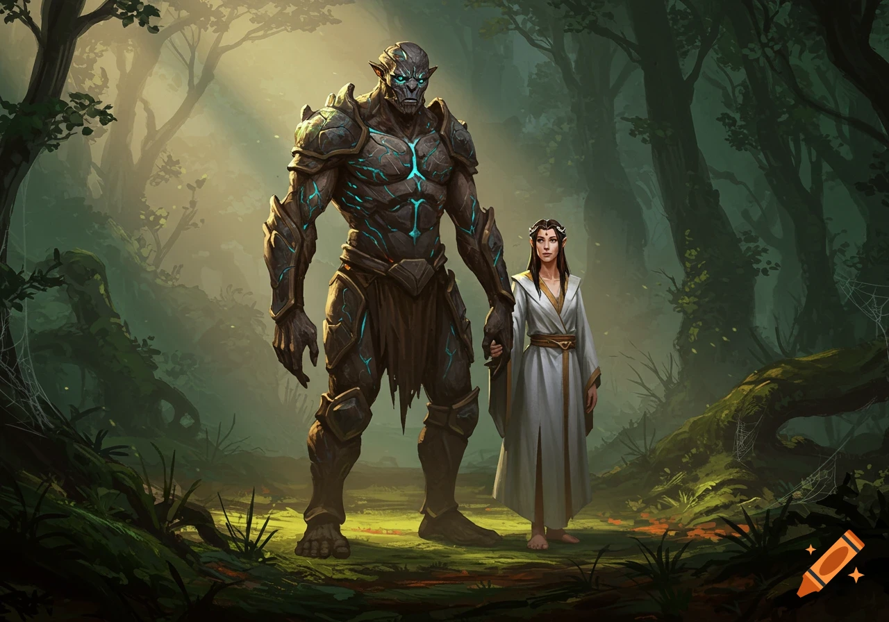 A large, armored monster-like man with glowing blue lines and an elf-like woman in a white robe stand in a mystical forest.