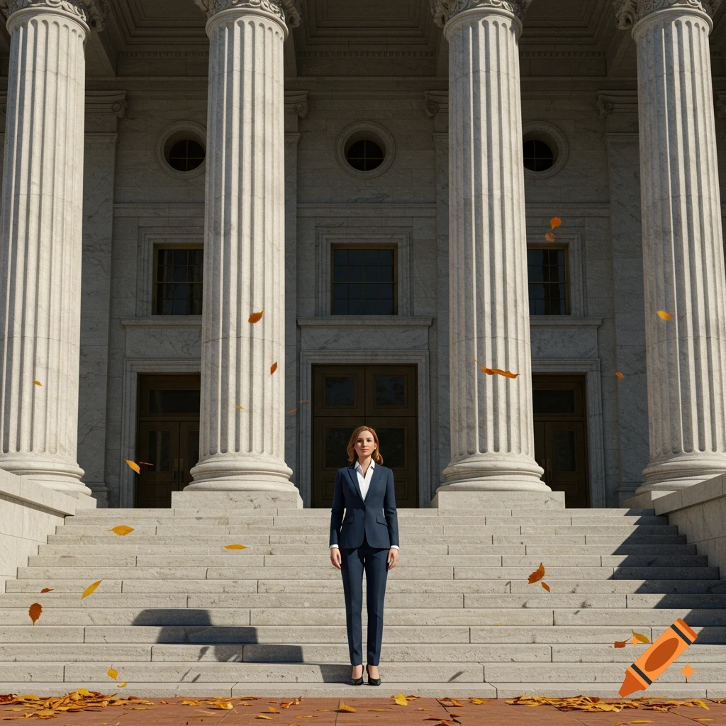 A woman in a dark suit stands centrally on the steps of a grand stone building with large columns, with autumn leaves scattered around.