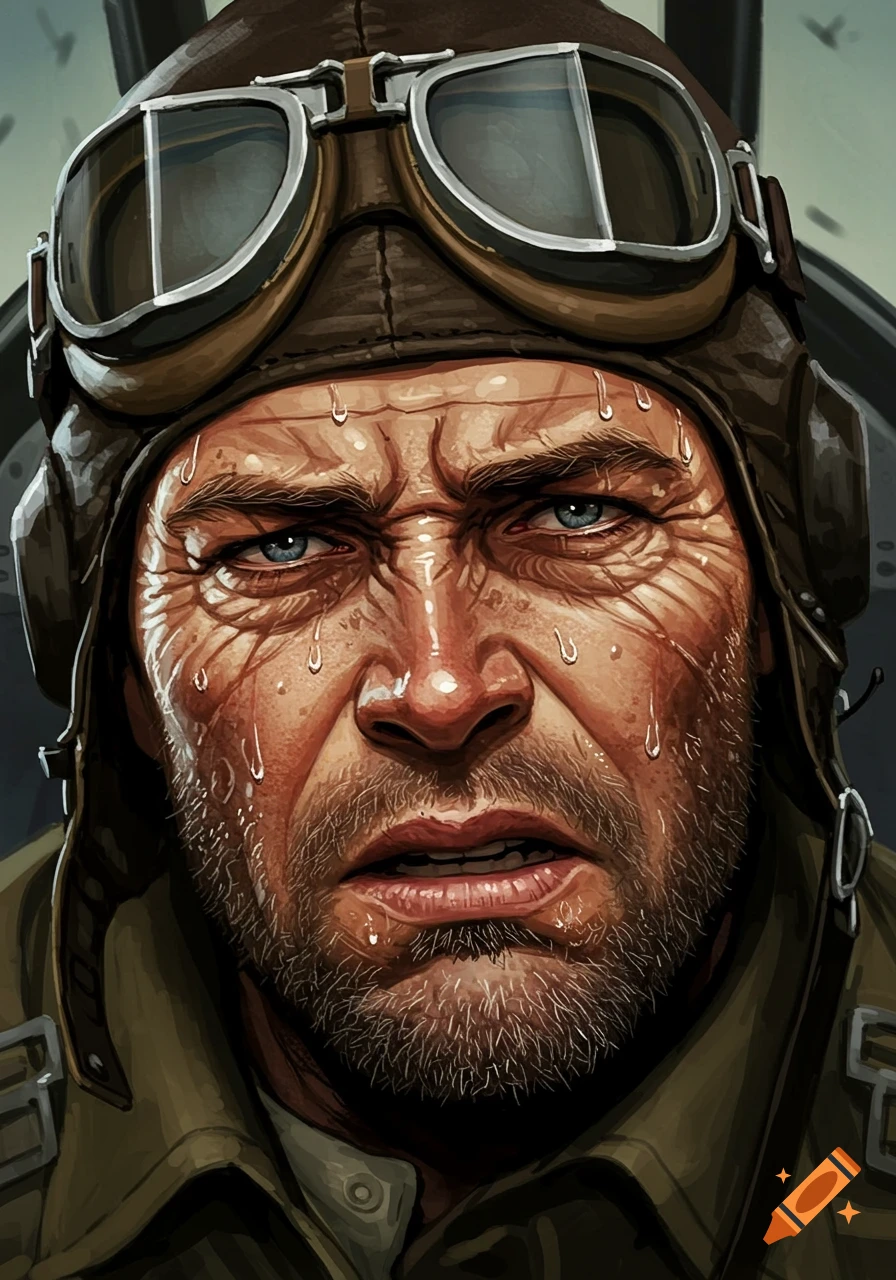 Close-up illustration of a distressed RAF pilot's face, sweating and looking grim, in a detailed comic book style.