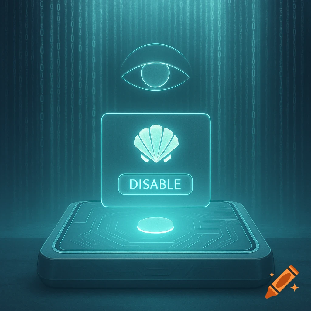 A futuristic glowing blue digital interface featuring an eye symbol, a shell icon, and a 'DISABLE' button, set against a background of binary code.
