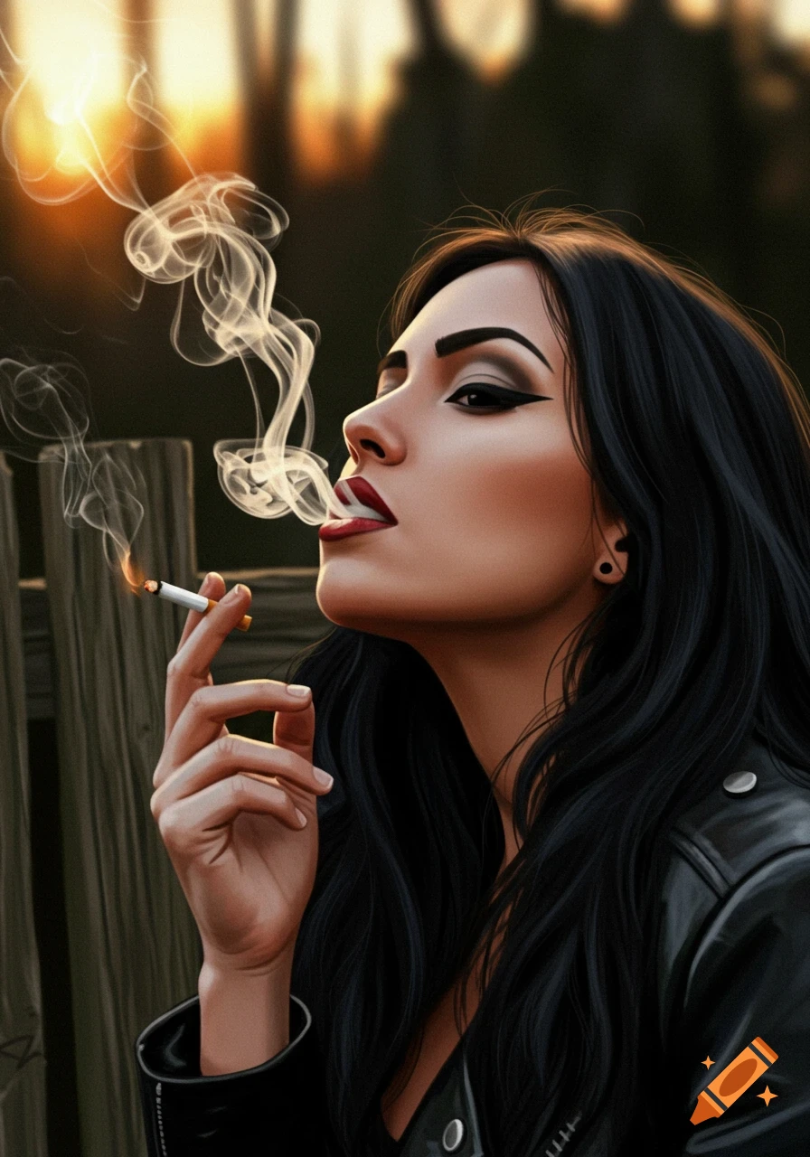 A digital illustration of a woman with dark hair and heavy makeup, smoking a cigarette and exhaling smoke.