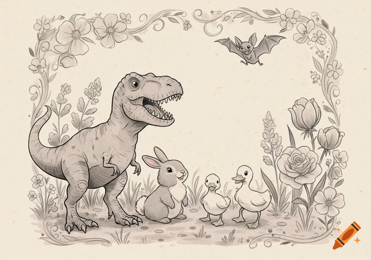 A black and white line art illustration of a T-Rex, rabbit, two ducklings, and a bat in a whimsical floral frame.