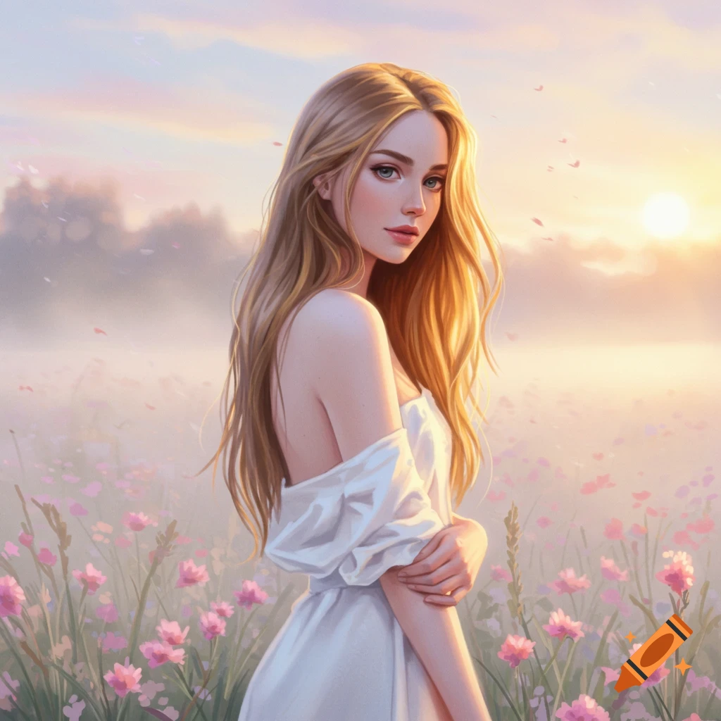 Digital art of a young woman with long blonde hair in a white dress, in a field of pink flowers at hazy sunrise.