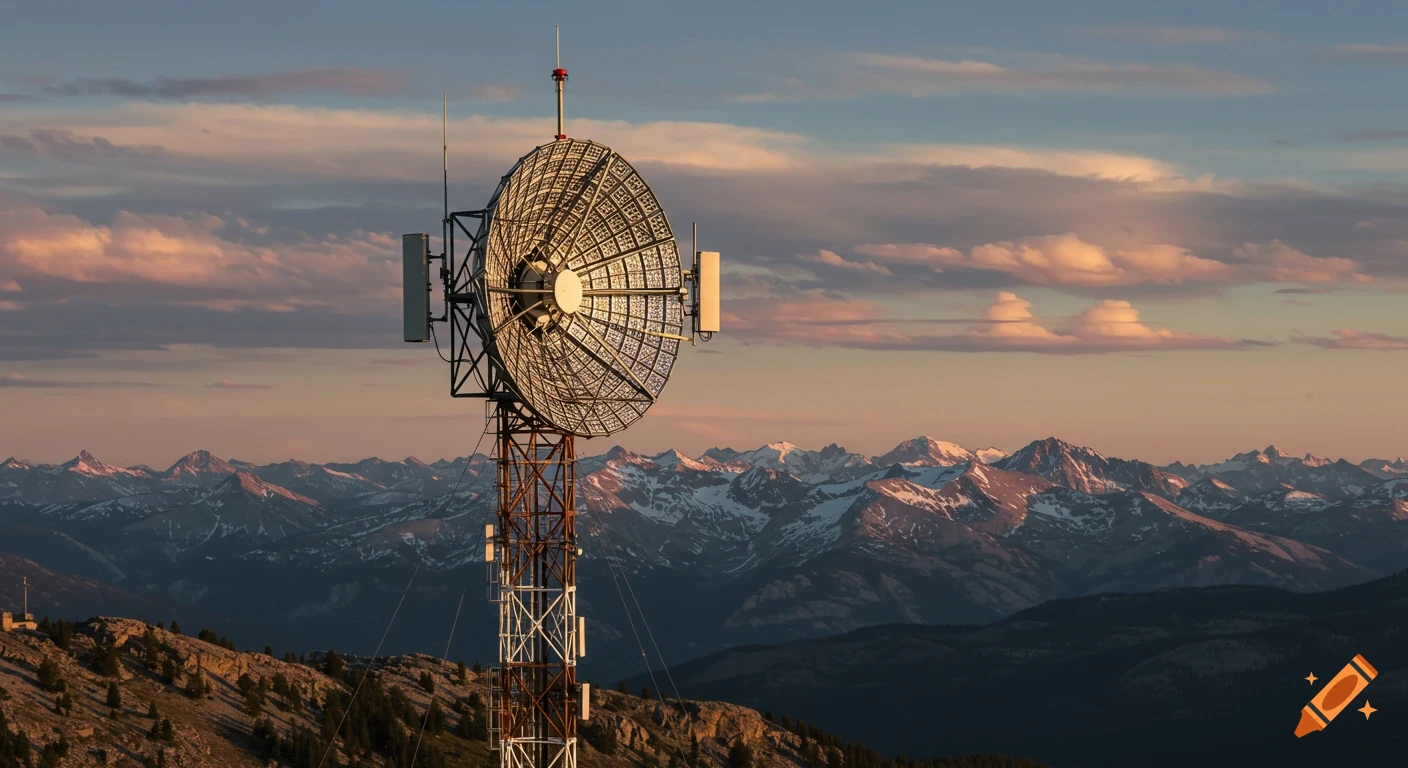 A large parabolic antenna on a radio tower against a mountainous landscape at sunset.