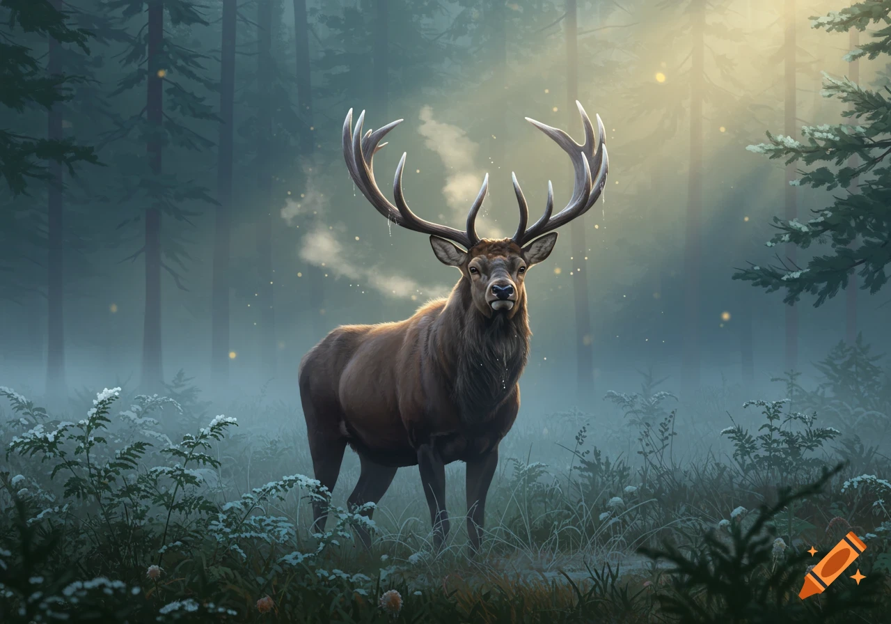 A majestic stag with large antlers stands in a misty, ethereal forest with sunlight filtering through the trees.
