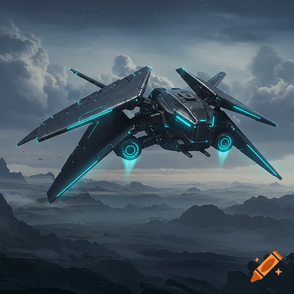 A sleek, black futuristic spacecraft with glowing blue lights hovers over a misty, mountainous alien landscape under a cloudy sky.