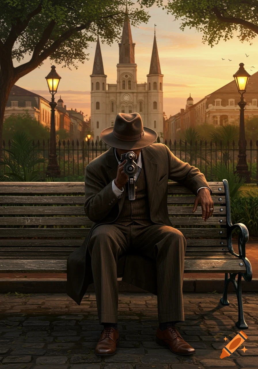 A man in a fedora and suit sits on a bench in Jackson Square, New Orleans, holding a camera to his face, with St. Louis Cathedral in the background at sunset.