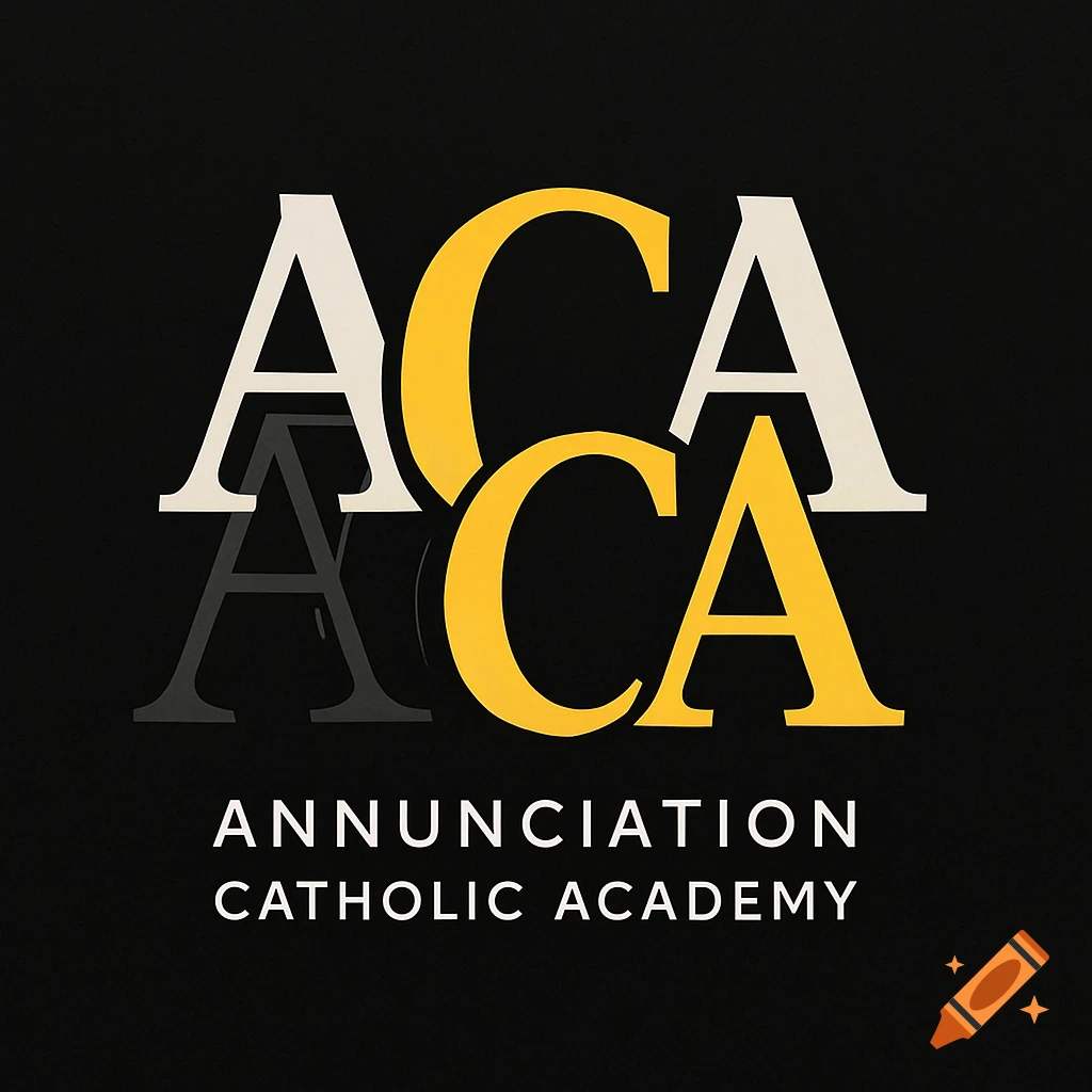 A logo with layered letters 'ACA' in white and grey, with a bold yellow 'ACA' in the foreground. Below, the text 'ANNUNCIATION CATHOLIC ACADEMY' is displayed in white on a black background.