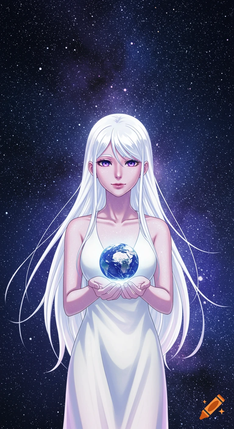 Anime woman with long white hair and purple eyes holding the Earth in her hands against a starry space background.