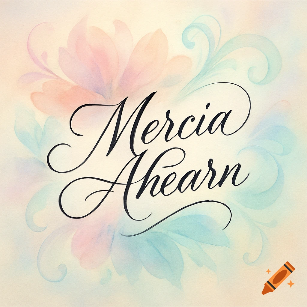 Calligraphy of 'Mercia Ahearn' on a pastel watercolor background with abstract floral shapes.