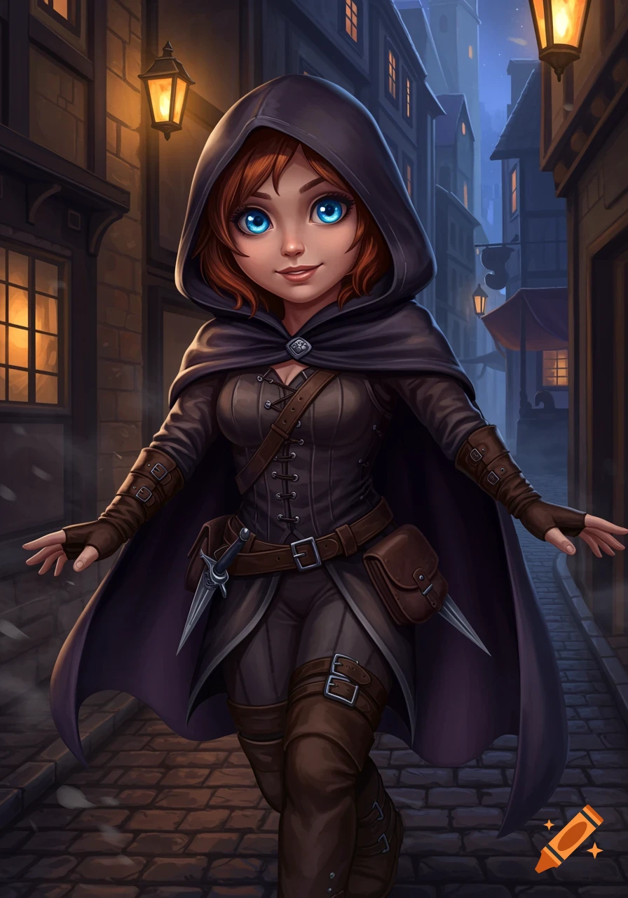 A stylized digital art portrait of a cute, red-haired female rogue in a dark hooded cloak and leather armor in a dimly lit alley.