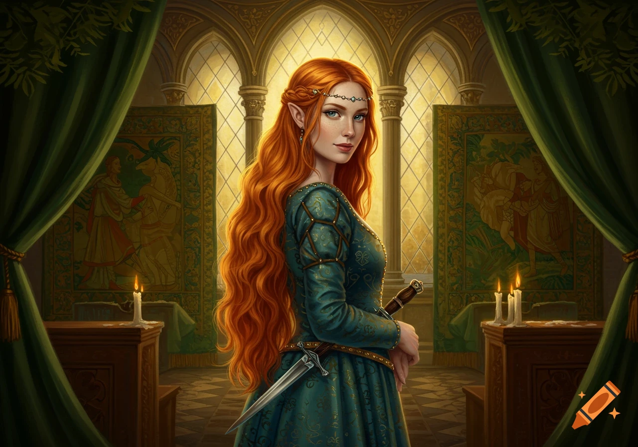 A red-haired elf woman in a medieval green dress holds a dagger in a grand hall with arched windows and tapestries.
