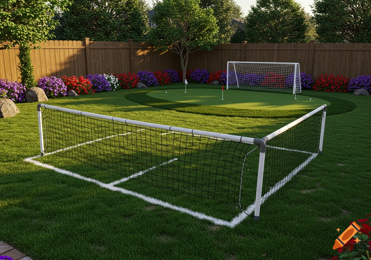 A landscaped backyard features a putting green with a flag and a soccer goal, surrounded by a brown fence and colorful flowers.