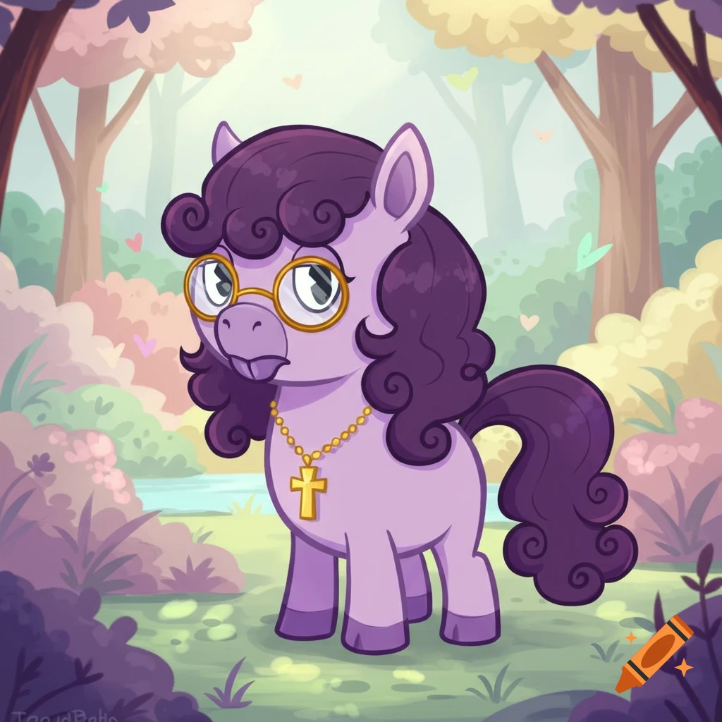 A light purple cartoon horse with a dark curly mane and tail wears gold glasses and a cross necklace in a whimsical forest setting.
