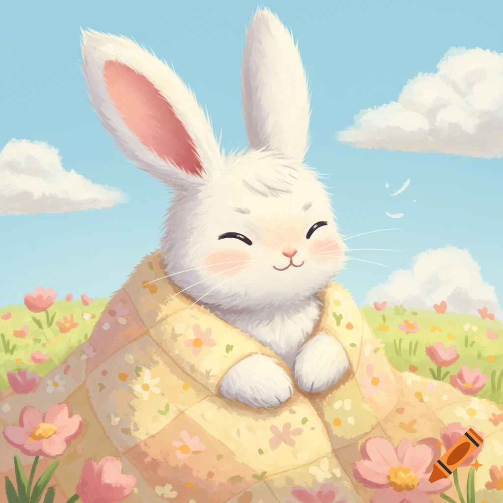 A happy white cartoon bunny wrapped in a yellow floral blanket sits in a field of pink flowers under a blue sky.