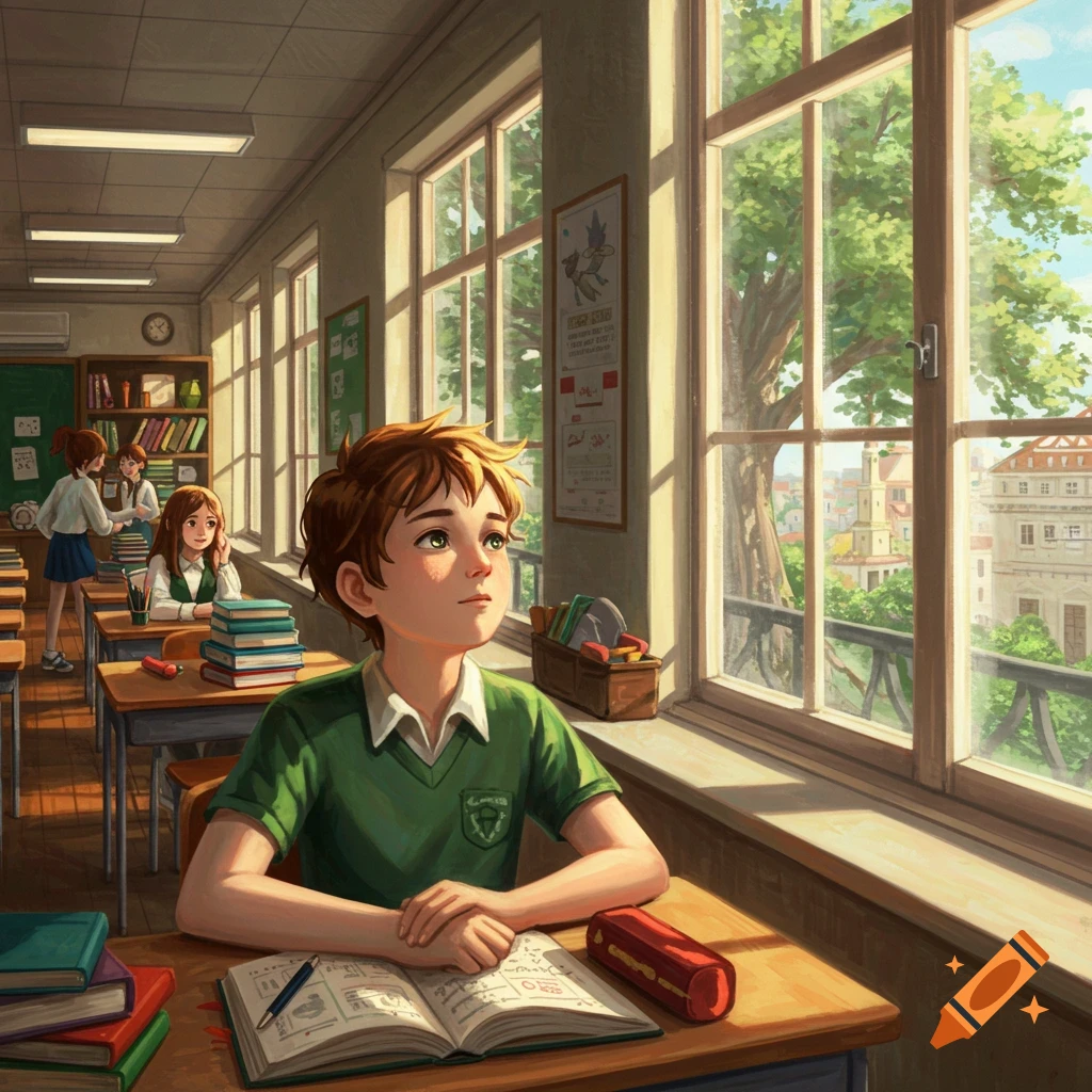 An illustrated image of a boy in a classroom looking out a large window, appearing distracted or daydreaming. Other students are in the background.