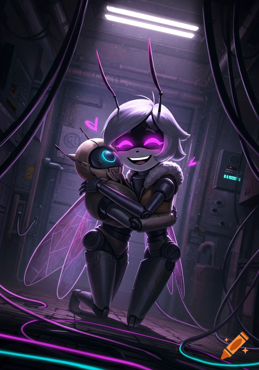 An anime-style image of a white-haired moth-like robot hugging a smaller bee-like robot in a dark, glowing sci-fi industrial setting.