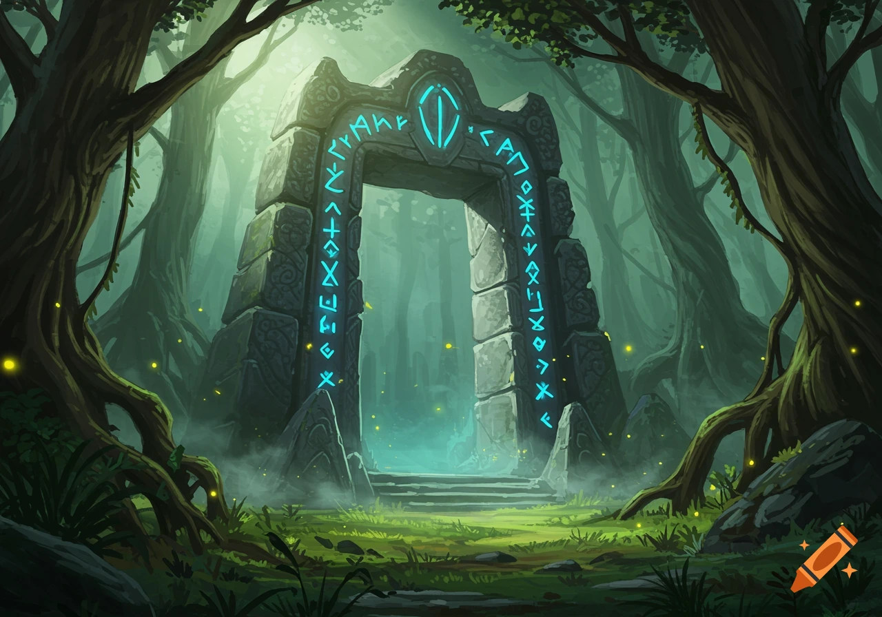A mystical stone portal with glowing blue runes stands in a lush, misty forest, illuminated by a light source.