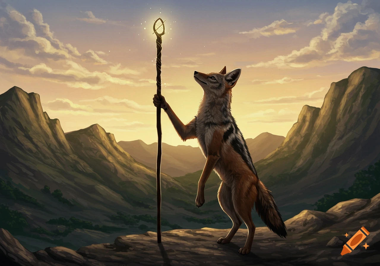 A jackal stands upright on a rocky mountain peak at sunset, holding a glowing staff.