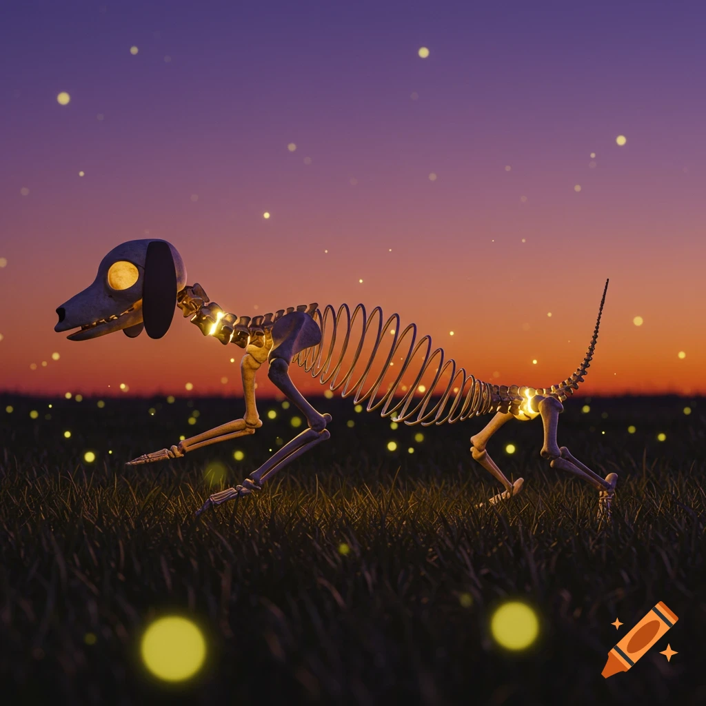 A stylized glowing skeleton dog with a slinky body walks through a field of fireflies at sunset.