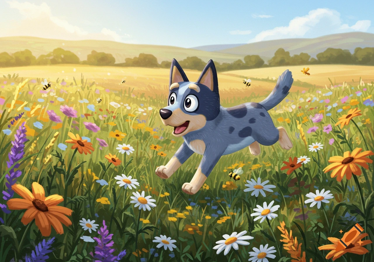 A cheerful cartoon blue dog, resembling Bluey, runs through a vibrant field of colorful wildflowers under a sunny blue sky, with bees flying around.