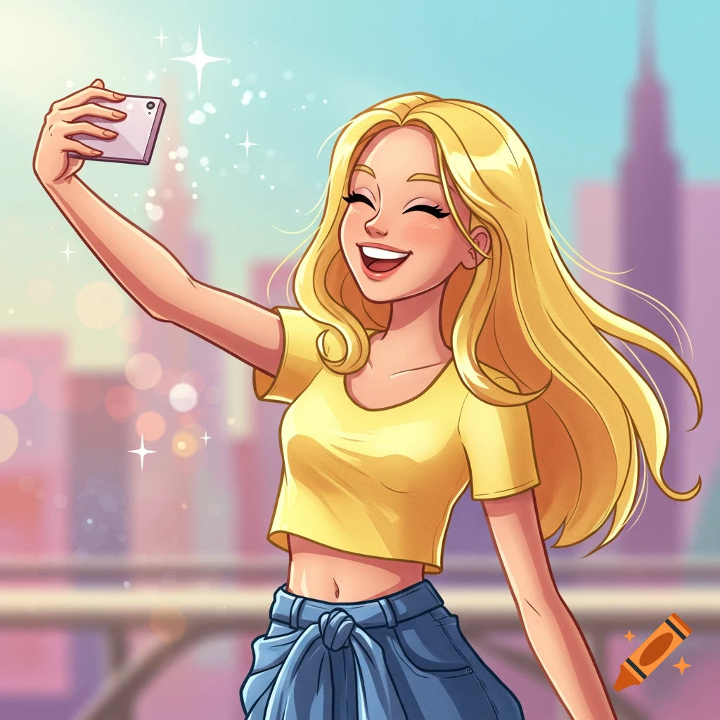 A smiling blonde cartoon girl in a yellow crop top and jeans takes a selfie with a phone, cityscape in the background.