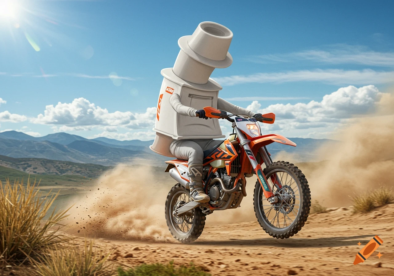 An anthropomorphic asthma puffer with a top hat rides an orange KTM dirt bike on a dusty desert road, kicking up dirt, with mountains in the background.
