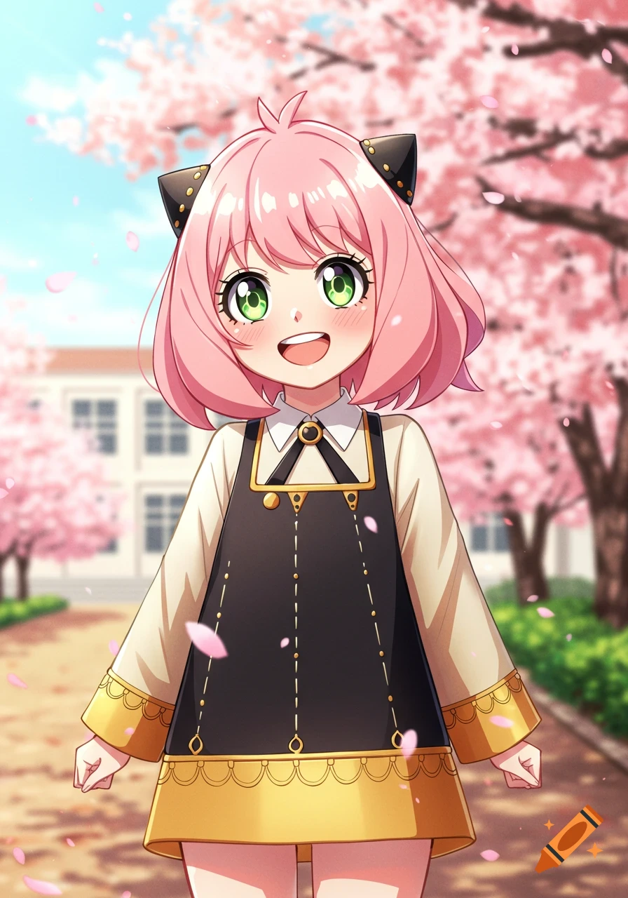 Smiling anime girl with pink hair in a school uniform, standing under cherry blossoms with a school building in the background.