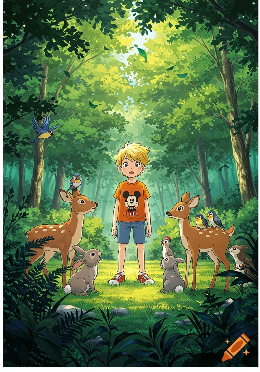 A blonde boy in an orange Mickey Mouse t-shirt stands in a lush green forest, surrounded by deer, rabbits, and birds in an anime style.
