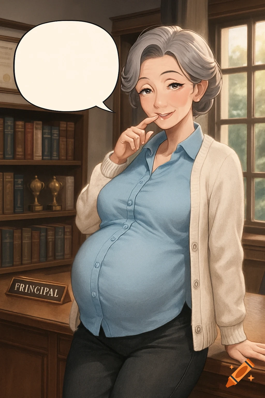 Anime-style pregnant woman with gray hair leans on a principal's office desk, a blank speech bubble above her.