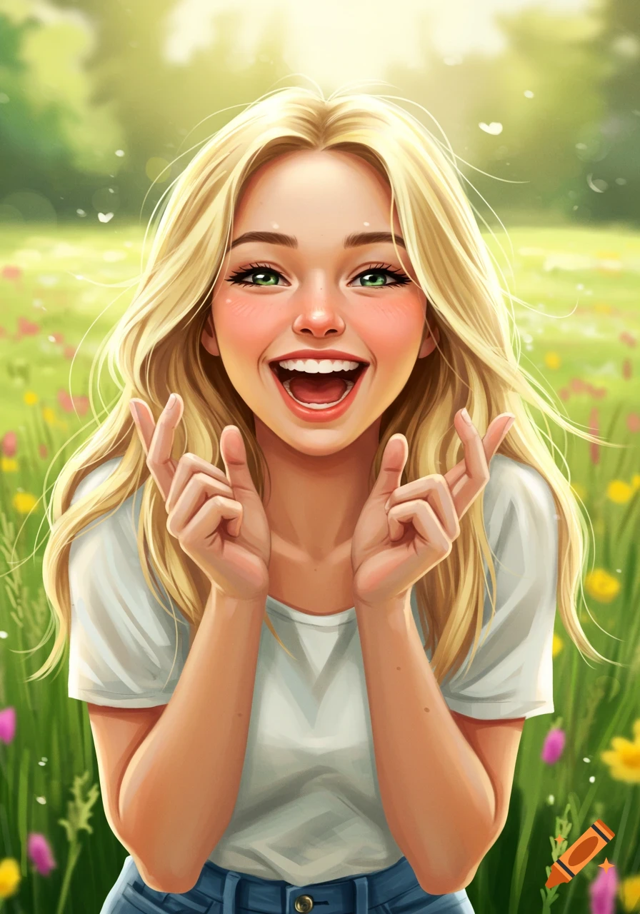 A smiling blonde woman with green eyes makes cute hand gestures in a sunny field of flowers, in a digital painting style.