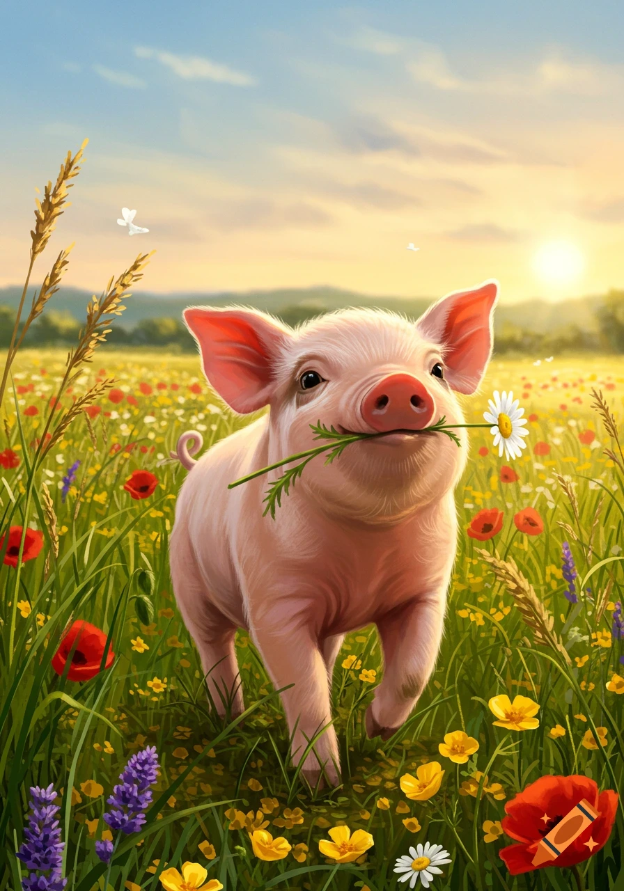 A cute pig holding a flower in its mouth, walking through a vibrant field of colorful wildflowers at sunset.