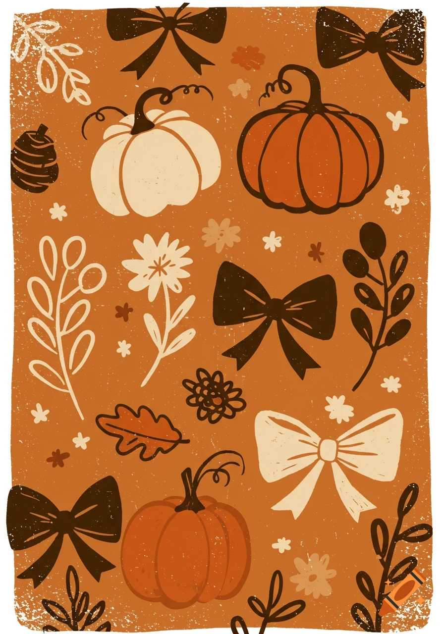 A stylized autumn pattern features pumpkins, bows, leaves, and flowers in an earthy palette with a distressed, folk-art aesthetic.