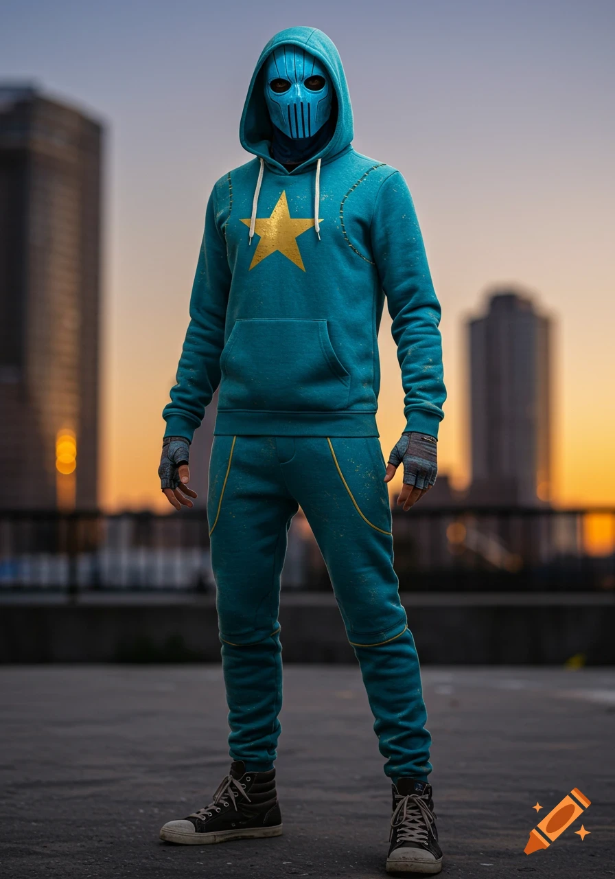 A person in a teal hoodie and matching sweatpants with a gold star, wearing a blue mask and gloves, stands on a rooftop at sunset.