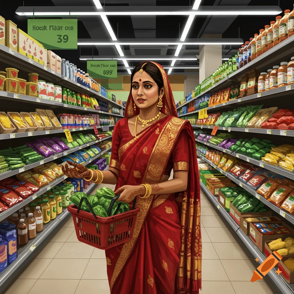 Indian woman in a red and gold sari holding a shopping basket with green vegetables, standing in a brightly lit supermarket aisle.