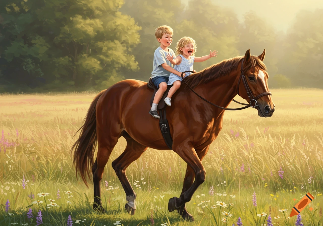A big brother and little sister joyfully ride a brown horse through a sunlit grassy field with wildflowers.