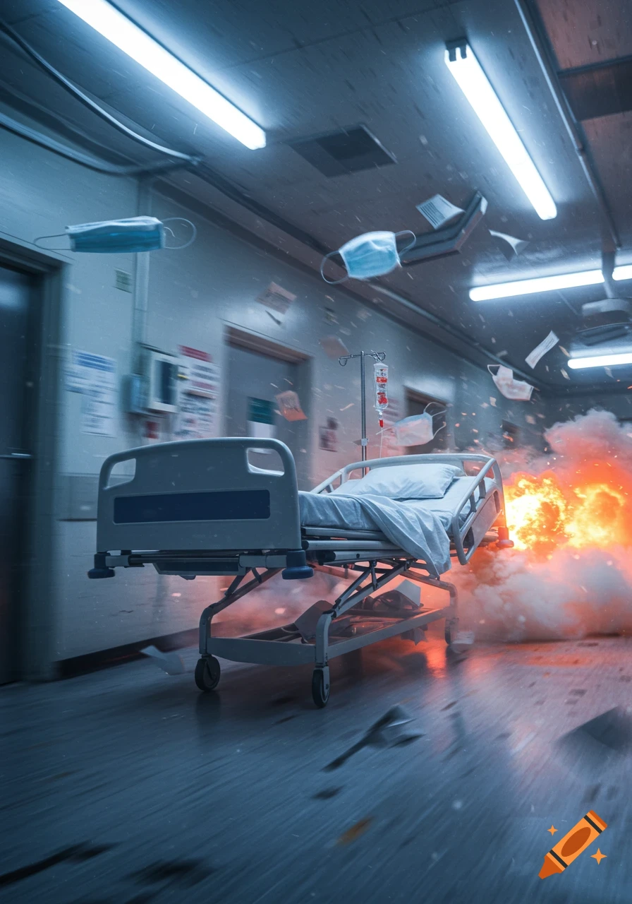 A hospital bed with an IV pole speeds down a hallway, leaving a fiery explosion and smoke behind it, while surgical masks and debris fly through the air.
