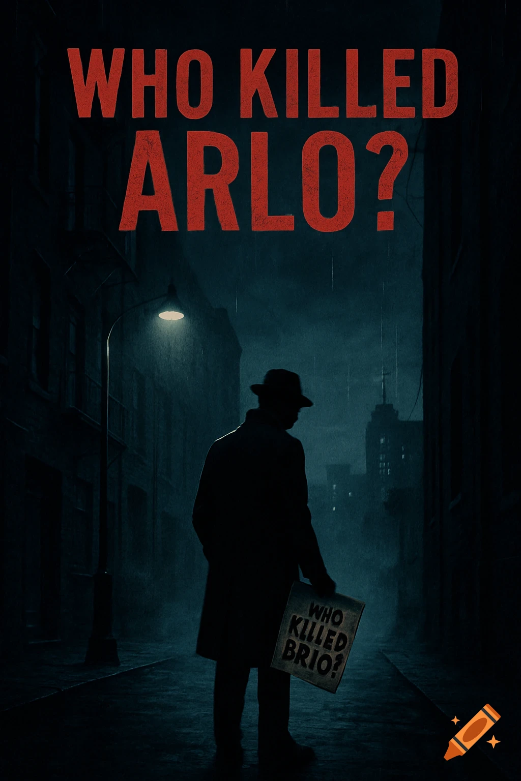 Noir movie poster: A silhouetted man in a trench coat holds a sign reading 'Who Killed Brio?' in a rainy alley. 'Who Killed Arlo?' is at the top.