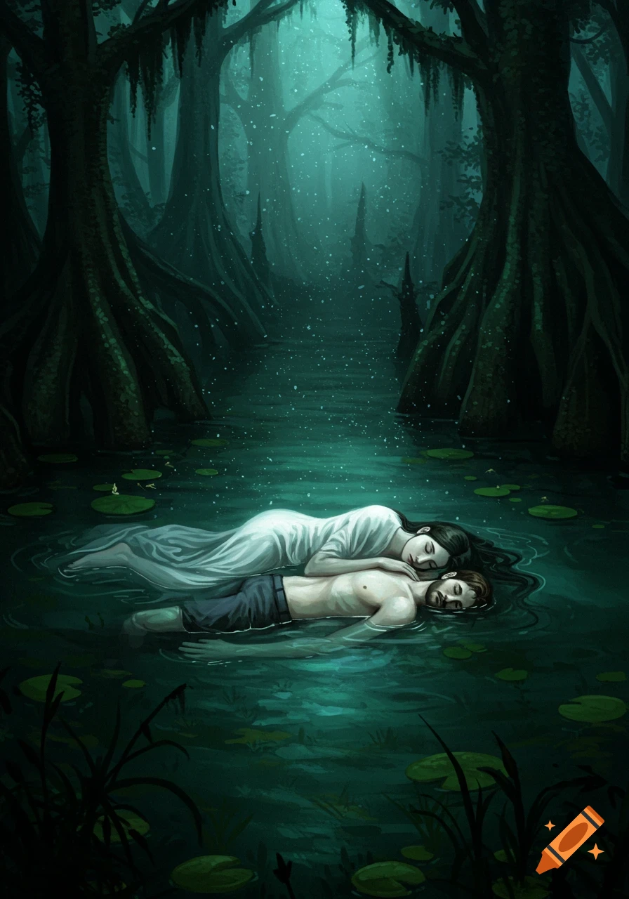 A woman in a white dress lies over a shirtless man floating in a dark green swamp, digital painting.