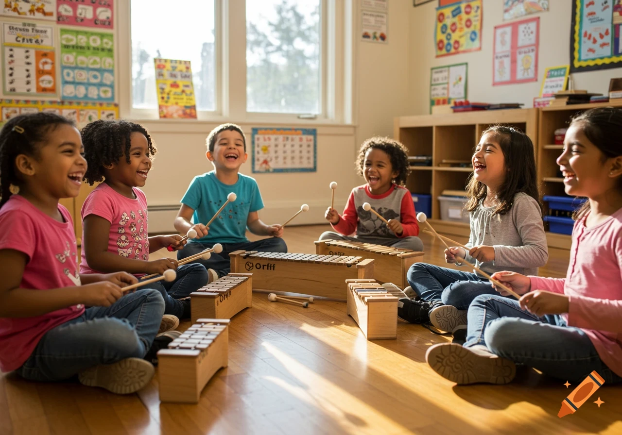 Diverse elementary students joyfully playing wooden Orff instruments on the floor of a sunlit classroom.