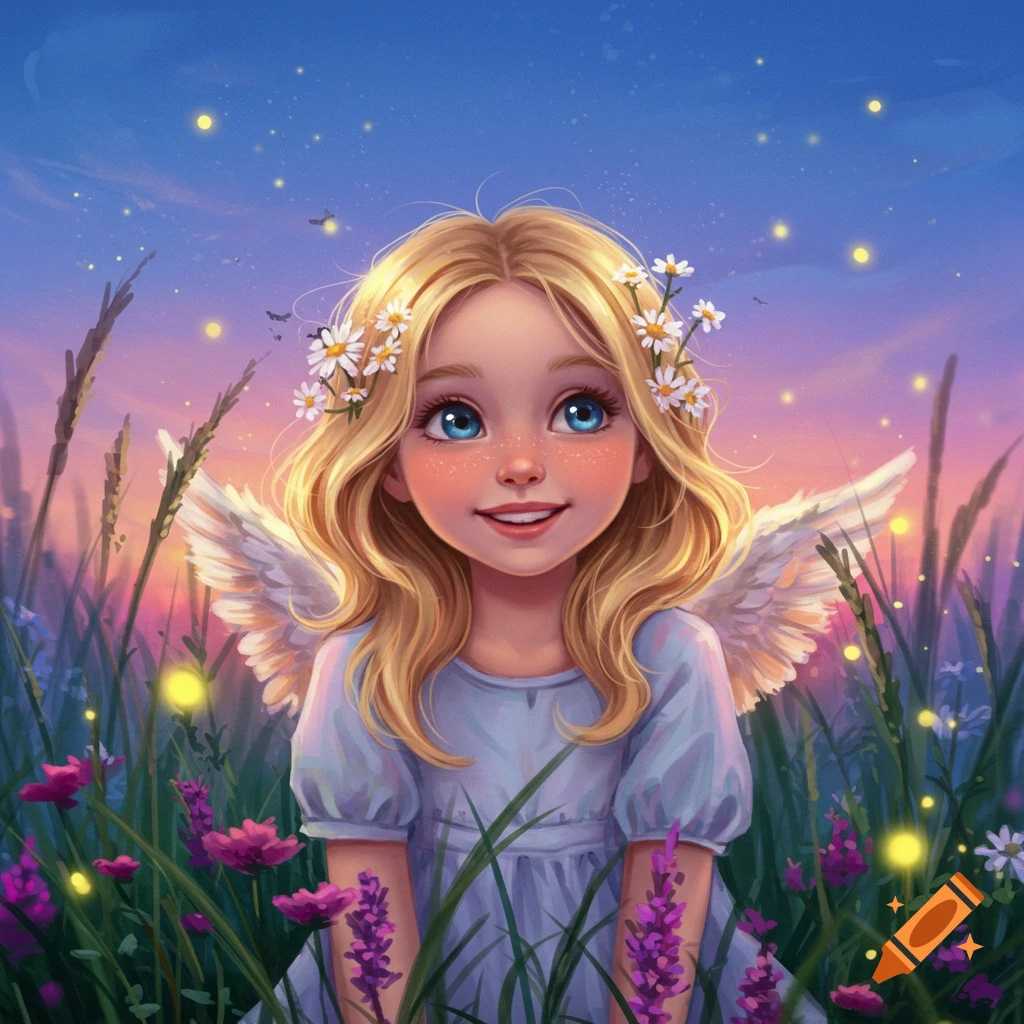A cute blonde girl with blue eyes, angel wings, and a daisy crown smiles, sitting in a field of purple flowers and fireflies at twilight.