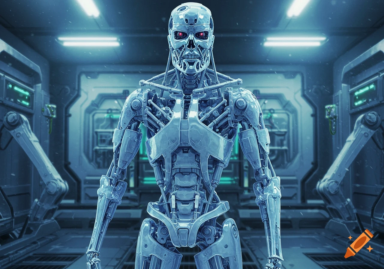 A detailed, full-body shot of a metallic robot with red eyes, resembling a Terminator, standing in a sci-fi laboratory setting.